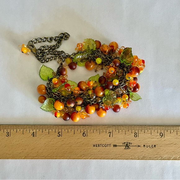 Vintage Lucite and Brass Fruit and Flora Necklace and Earrings Set Cha Cha Style - Picture 5 of 9